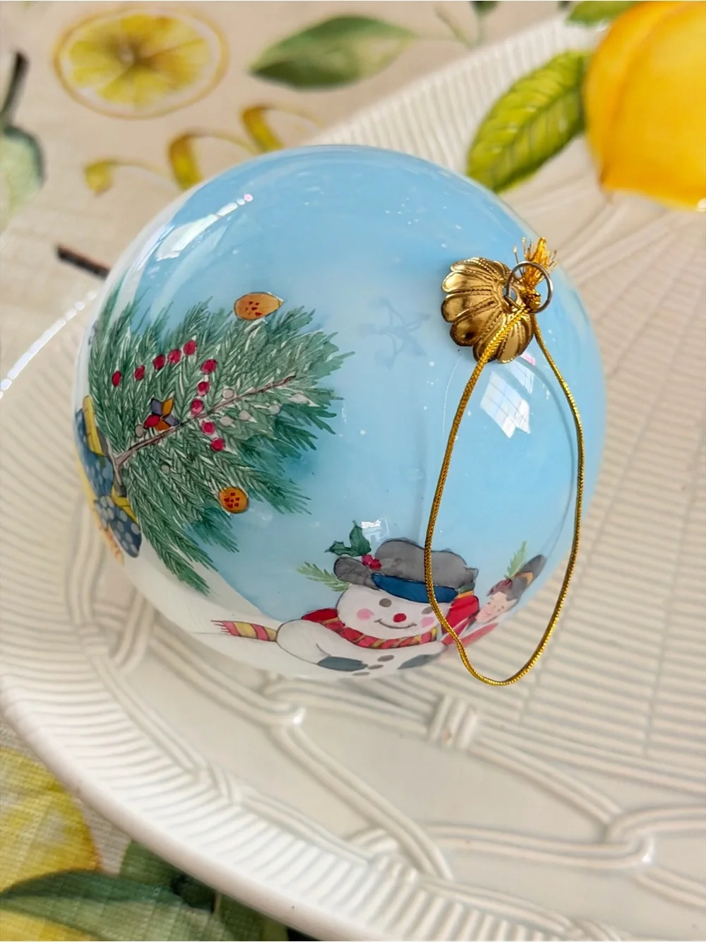 Pier one li bein had painted Holiday Snowman Glass Ornament - Light Blue